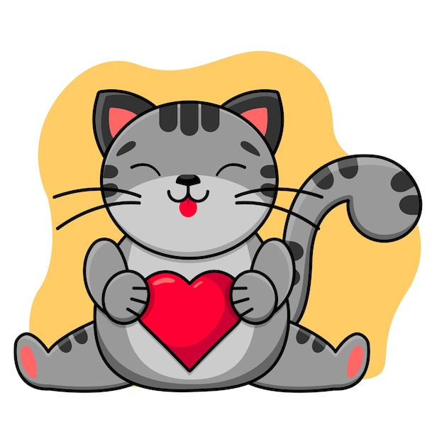 A gray smiling cat holds a red heart in its paws Childrens print Vector illustration