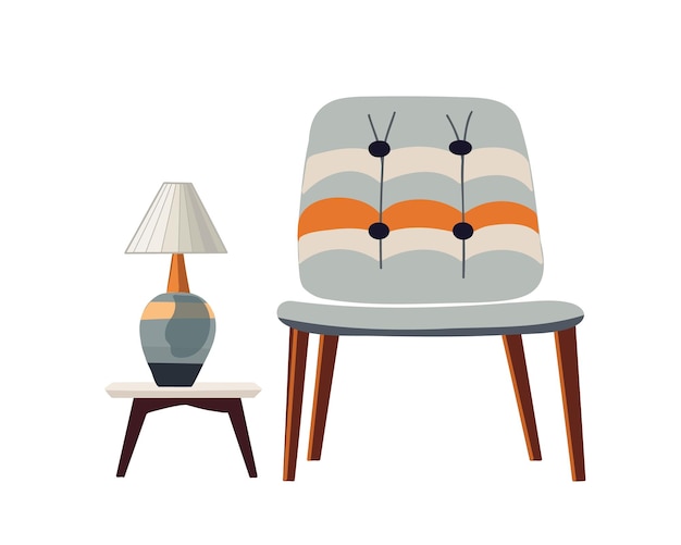 Vector gray striped upholstered chair or armchair with a table with a table lamp on a white background