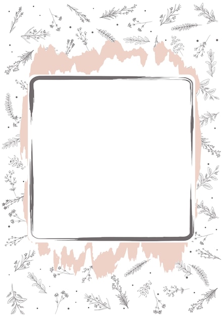 Gray vector Decorative square frame with pink and white pastel brush strokes plants and flowers