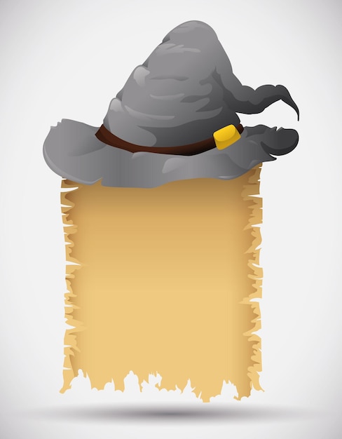 Gray wizard hat with spell scroll template Vector Illustration