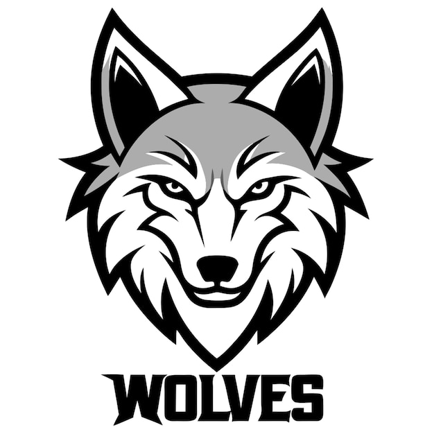 Vector a gray wolfs face with a text of wolves as a mascot illustration teams logo design vector