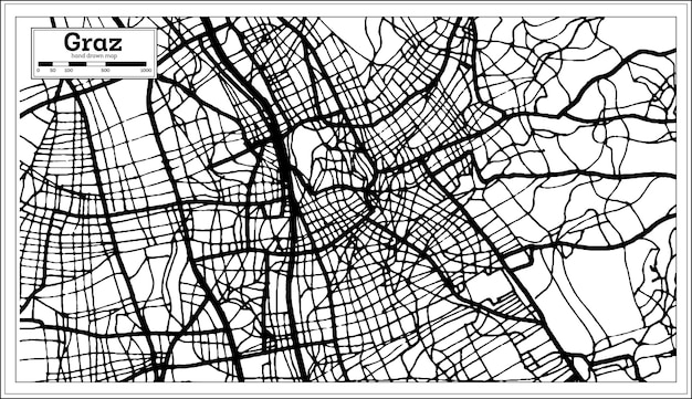 Graz Austria City Map in Black and White Color in Retro Style Outline Map