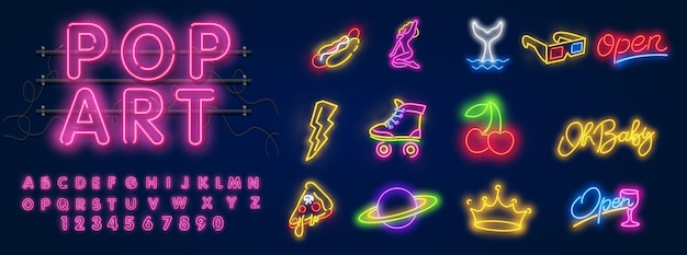 Great bundle neon icons collection pop art style banana and ice cream fruits and hands