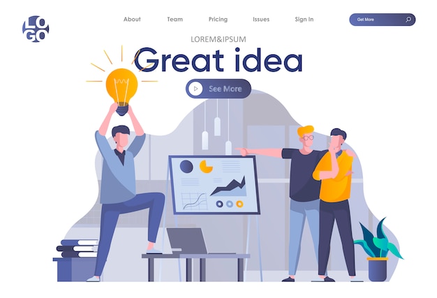 Great idea landing page with header. Man presenting new great idea before investors, startup team brainstorming in office scene. Coworking, teamwork and creativity situation flat illustration.