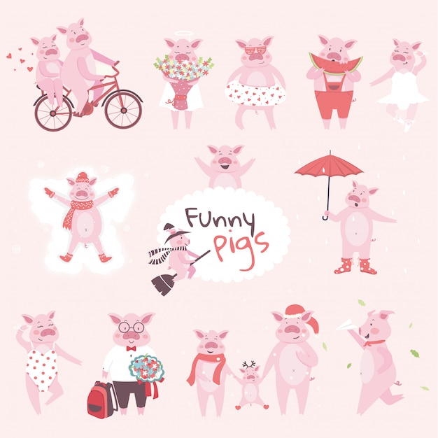 A great set of funny and cute pigs characters in cartoon style