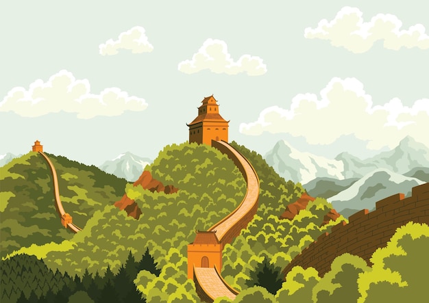 Vector great wall china landscape famous landmark with watchtowers wall sections on green mountains for travel and tourism flat style concept