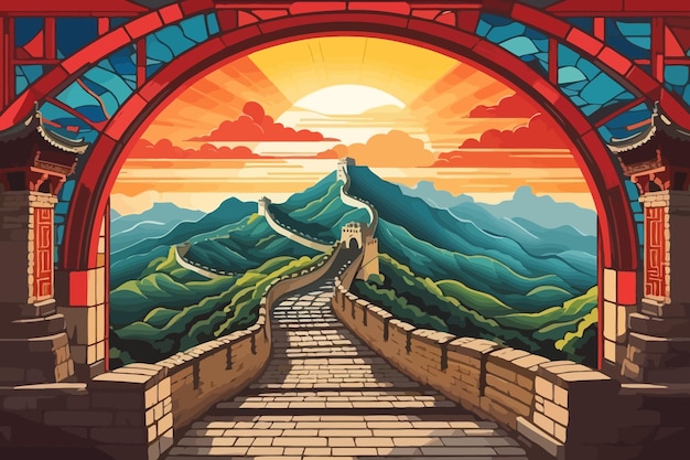 Great Wall of China retro stained glass illustration