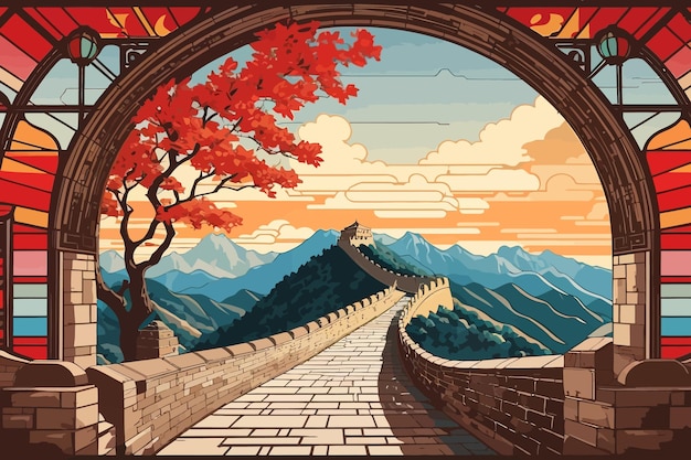 Great Wall of China retro stained glass illustration