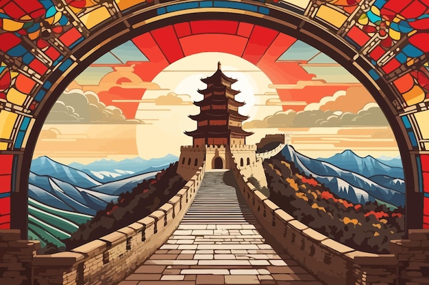 Great Wall of China retro stained glass illustration