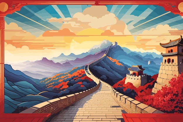 Great Wall of China retro stained glass illustration