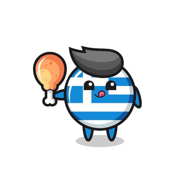 Greece flag cute mascot is eating a fried chicken