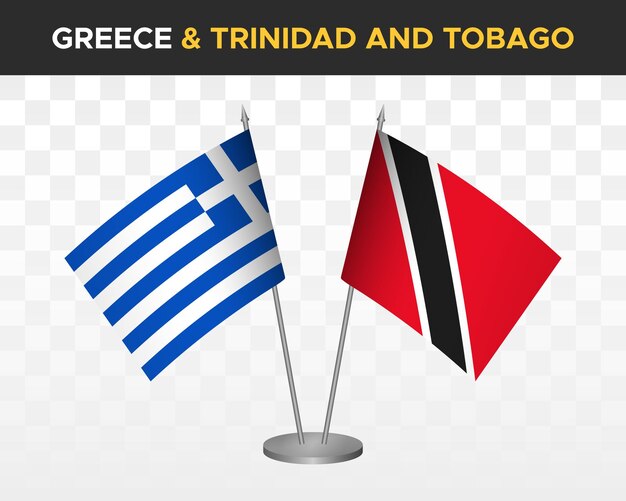 Greece vs trinidad tobago desk flags mockup isolated 3d vector illustration greek table flag