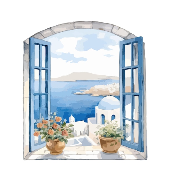 Greece in the window clipart isolated vector illustration