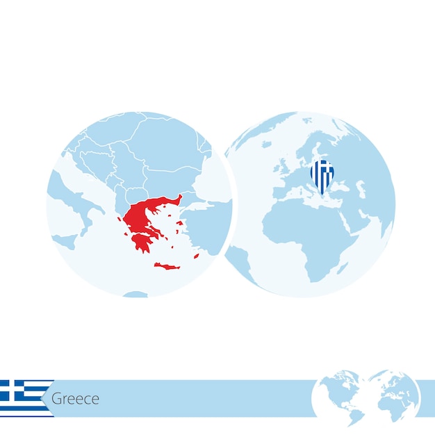 Greece on world globe with flag and regional map of Greece. Vector Illustration.