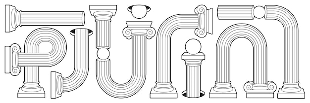 Greek ancient column pillar pedestal in outline contemporary style Black and white colors