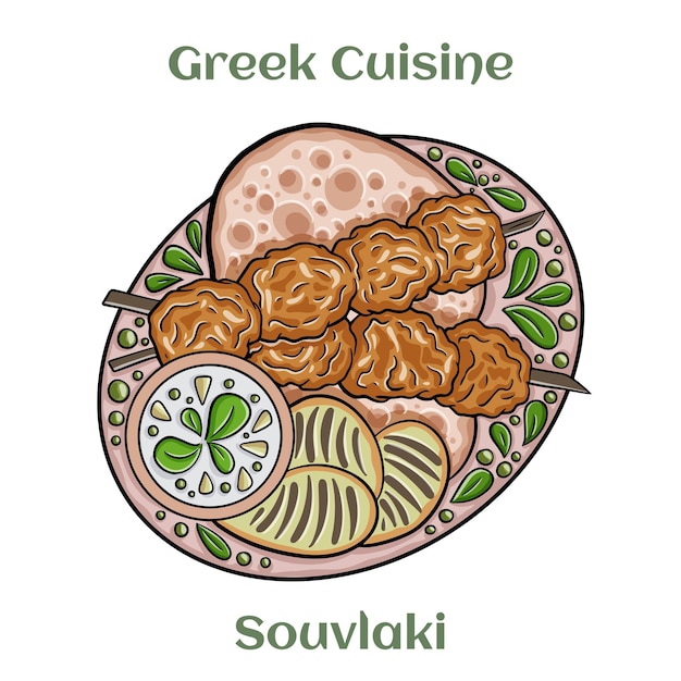 Greek chicken souvlaki with tzatziki sauce and fresh vegetables grilled kebabs Isolated vector illustration