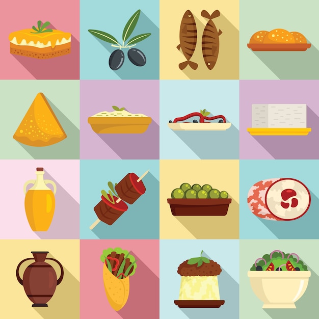 Greek cuisine icons set, flat style