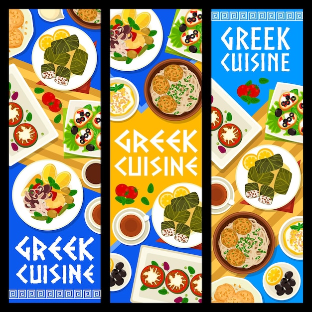 Greek cuisine vector banners Greece dishes cards