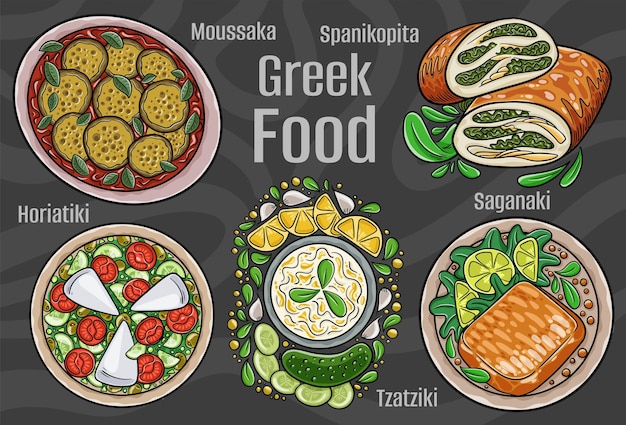 Greek food A set of classic dishes Cartoon hand drawn illustration