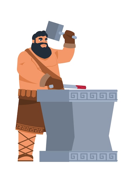 Greek god Hephaestus Cartoon mythological character of ancient legends Patron of blacksmiths Strong man with hammer forges iron Member of pantheon of deity Vector antique religion