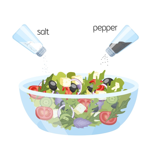 Greek salad in a bowl. Organic healthy food. Cucumber and tomato, feta cheese and pepper with salt.    illustration