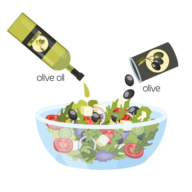 Greek salad in a bowl. Organic healthy food with olive oil. Cucumber and tomato, feta cheese and pepper.    illustration