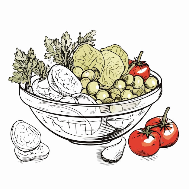 Vector greek salad contour drawing with fresh ingredients