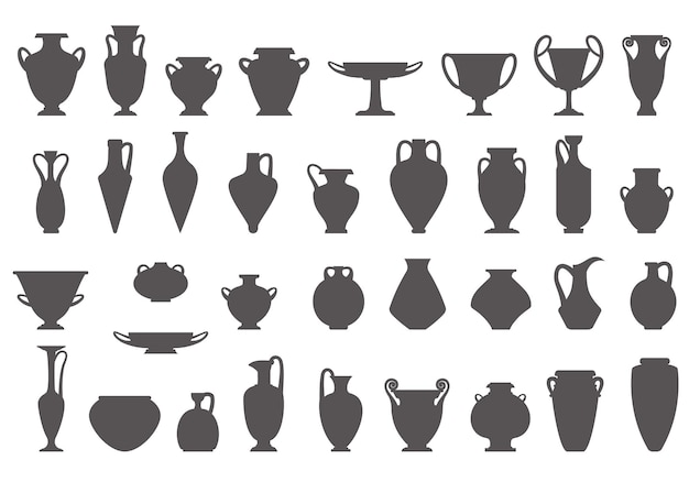 Greek vases silhouettes Ancient amphoras and pots glyph illustration Clay ceramic earthenware Vector