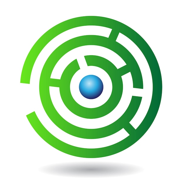 Green Abstract Maze Logo Icon with a Blue Ball in the Center