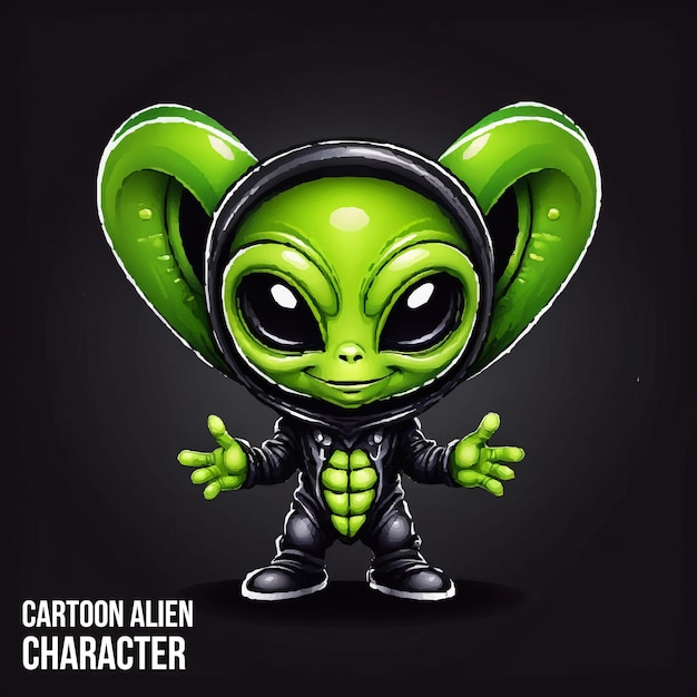 Vector green alien cartoon character with black background