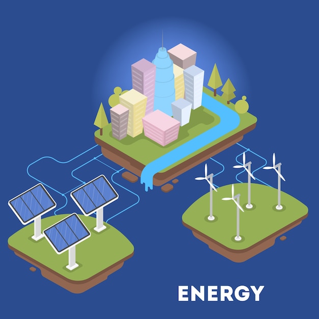 Green or alternative energy for city. Solar panel and wind turbines. Eco friendly town.   isometric illustration