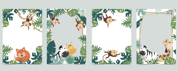 Green animal collection of safari frame set with lion,fox,giraffe,zebra,monkey