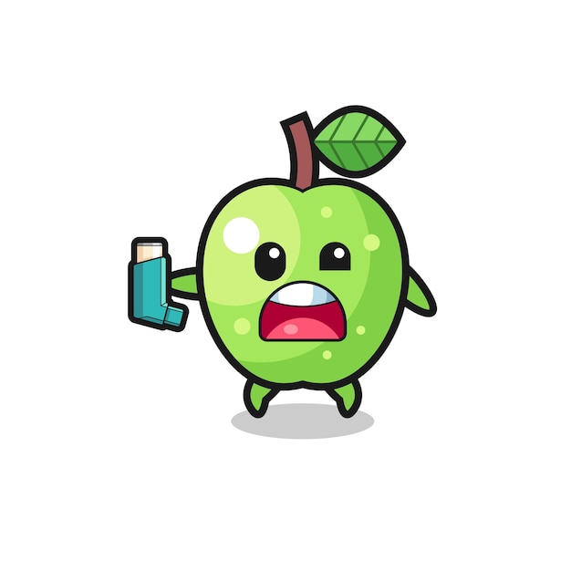 Green apple mascot having asthma while holding the inhaler cute design