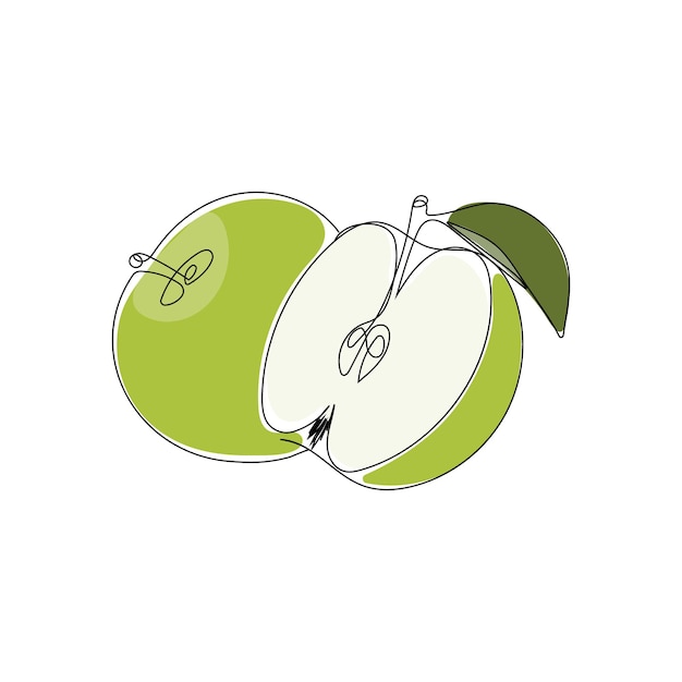 Green apple in one continuous line drawing. Sliced and whole apple. Hand drawn vector illustration.