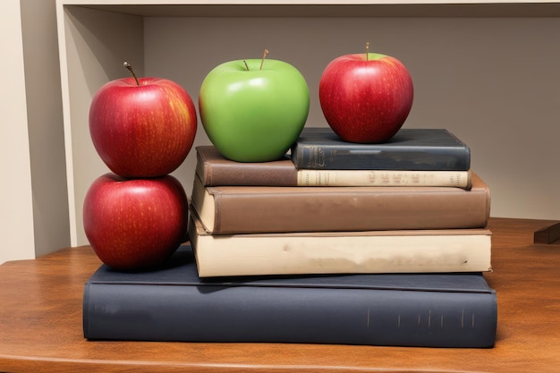 Vector a green apple sits on top of a stack of books