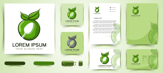 Green apple and spoon, Healthy food Logo and business card branding template Designs Inspiration Isolated on White Background