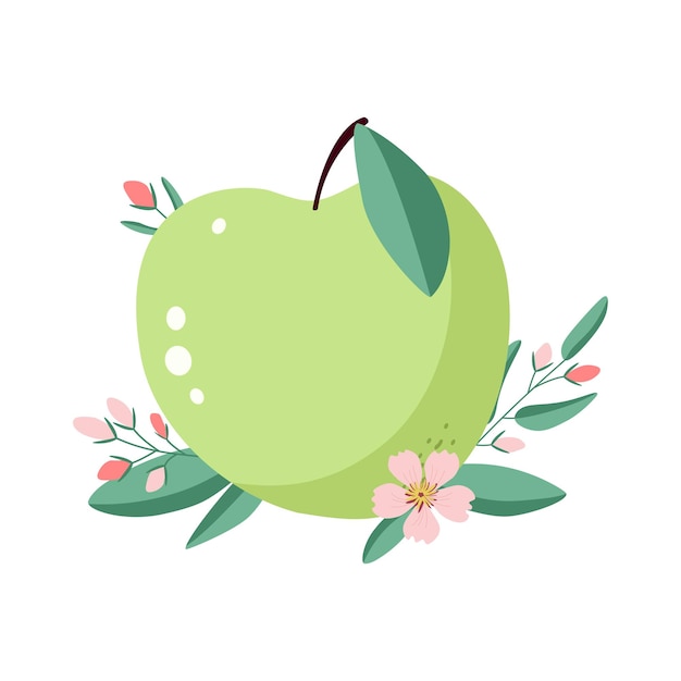 Green apple with pink blooming twig on an isolated background Spring flowering fruit and leaves