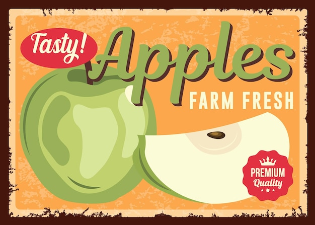 Green apples vintage farm sign board delicious fruit vector template