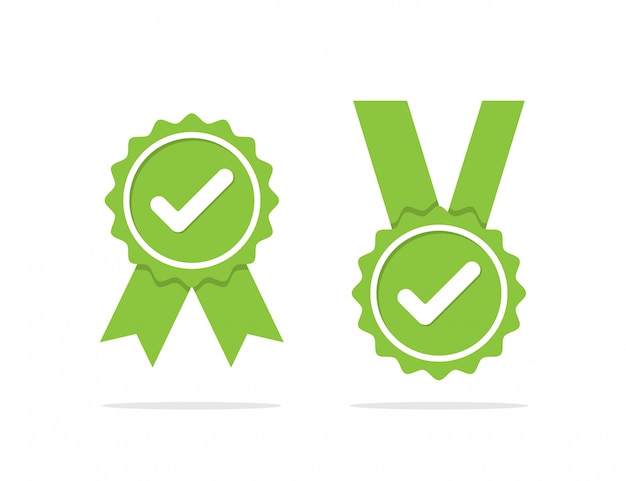 Green approved medal or certified medal icon with shadow. Vector illustration