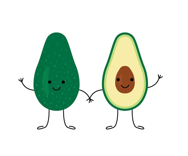 Green avocado whole and half happy character Face berry avocado Vector illustration