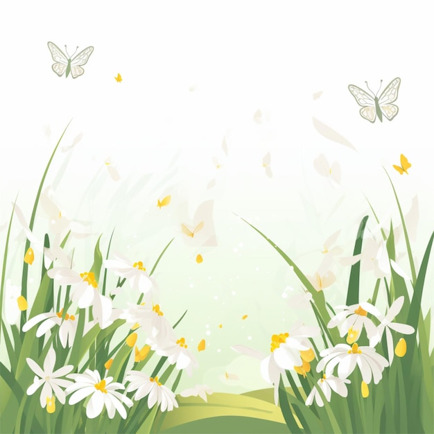 A green background with flowers and butterflies.