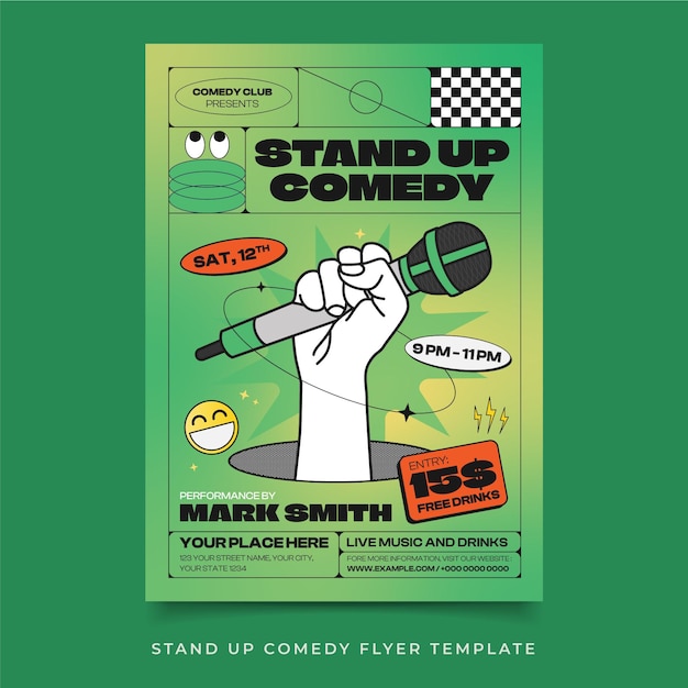 A green background with a hand holding a microphone and the words stand up comedy.