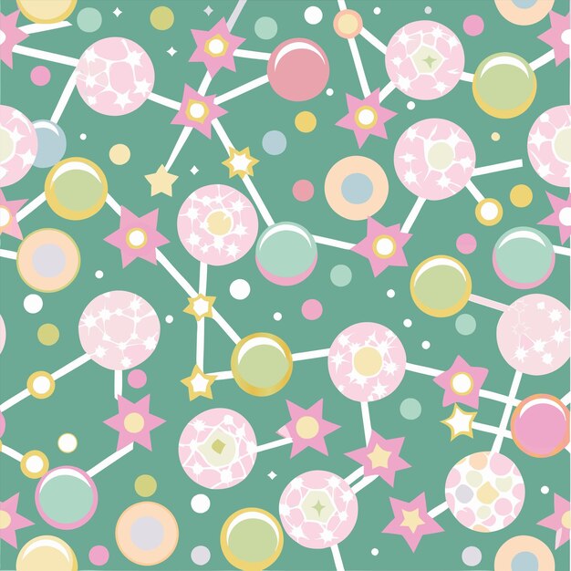 Vector a green background with pink and yellow dots and dots and stars