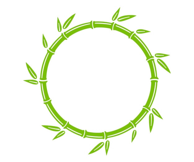 Green bamboo trunk circle frame Natural round text box Bamboo branch border with leaves Blank frame template Vector illustration isolated in flat style on white background