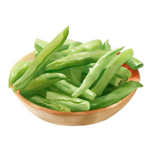 Green Beans on Wooden Bowl Isolated Hand Drawn Painting Illustration