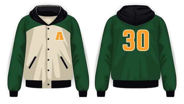 Green beige black and yellow varsity jacket with hoodie front and back view vector mockup illustr