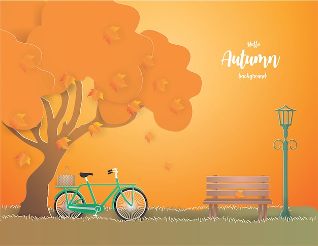 Green bicycle under the tree in autumn illustration.