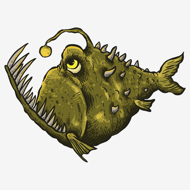 green big mouth scary fish hand drwaing line art