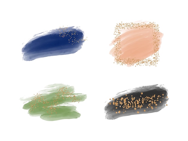 Green, black, blue and peach watercolor brush stroke splashes with glitter confetti texture