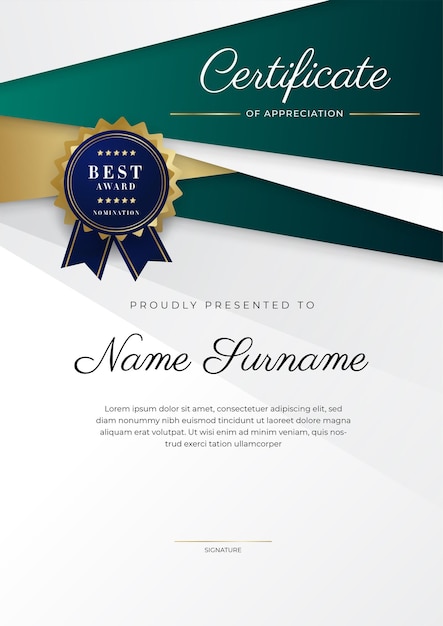 Green black and gold certificate of achievement border template with luxury badge and modern line pattern For award business and education needs Vector certificate template